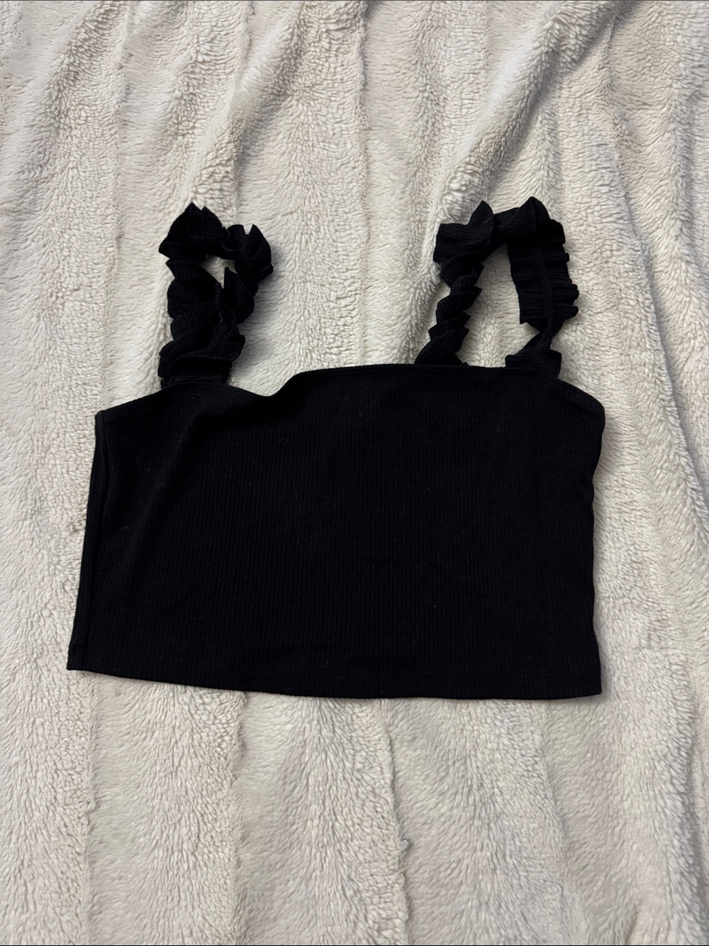 Sunday Best Black Ribbed Crop Cami with Ruffle Straps